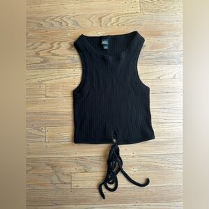 Black Sleeveless Ribbed Top with tie front | small